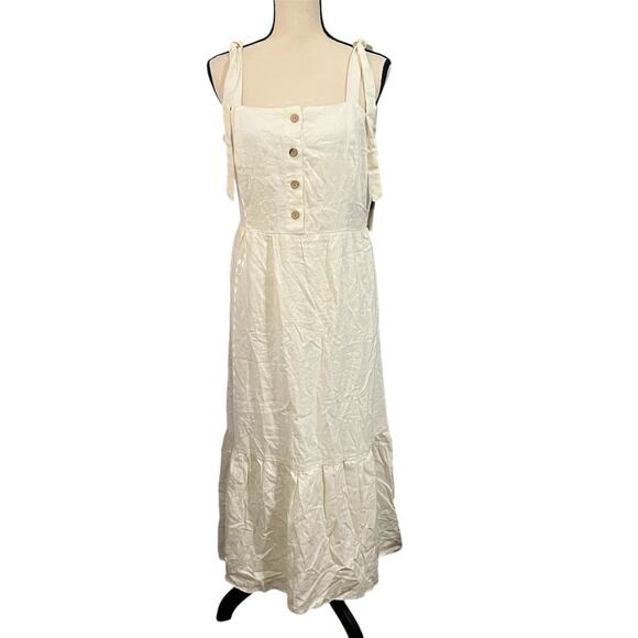 52seven NEW Women's Cream Linen Blend Smock Lined Tiered Summer Maxi Dress Sz M - Picture 1 of 6